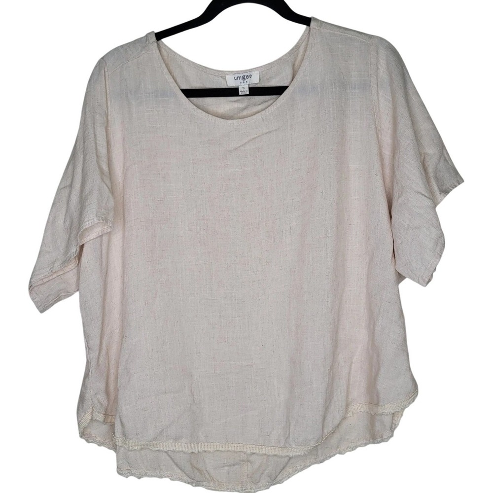 UMGEE S Linen Blend Tunic Top  Lightweight‎ Beige Short Sleeve Southern Boho